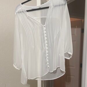 New York & Company White Sheer Pintuck Button-Front Blouse